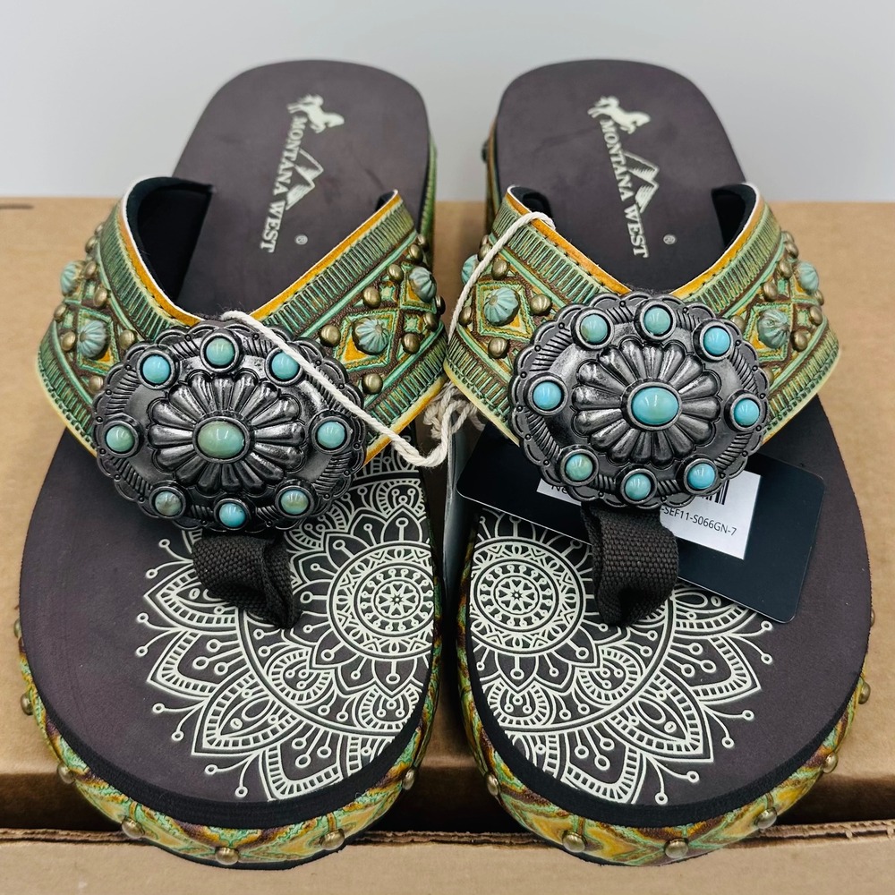 Montana West Flip Flops Womens 7 Brown Turquoise Concho Platform Sandals NEW